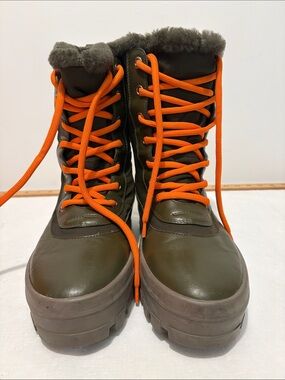 Mackage Olive Green Platform Lace-Up Boots with Orange Laces
